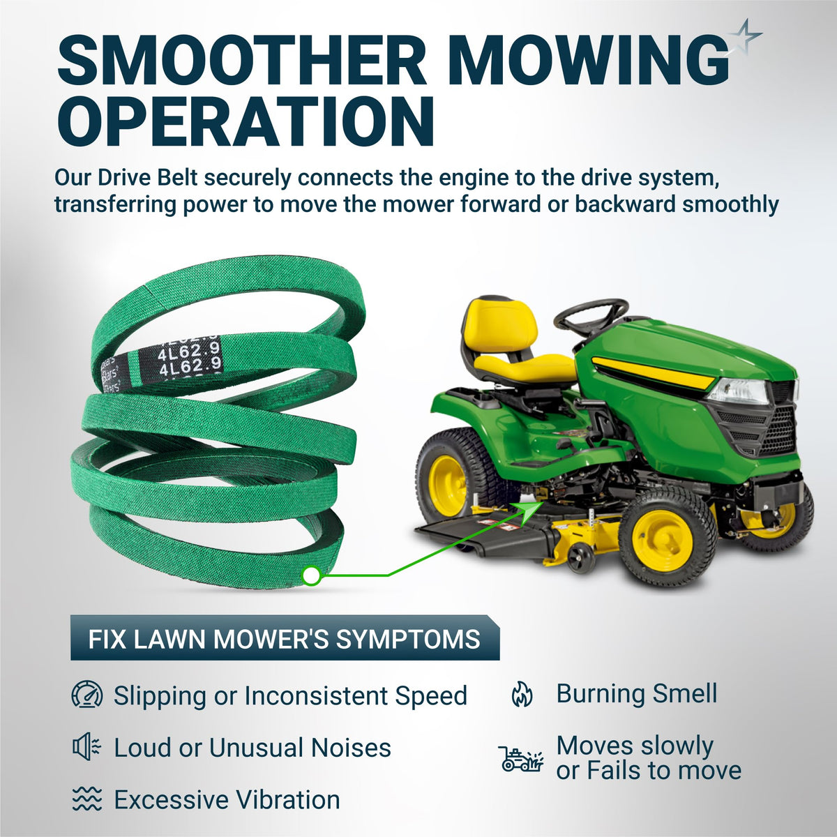 Green M144044 lawn mower drive belt showing installation point on a riding mower to fix movement and vibration issues.