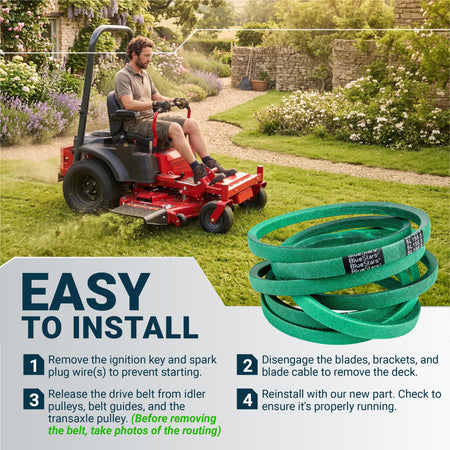 Replacement green mower deck drive belt with installation instructions for zero-turn lawn mowers.