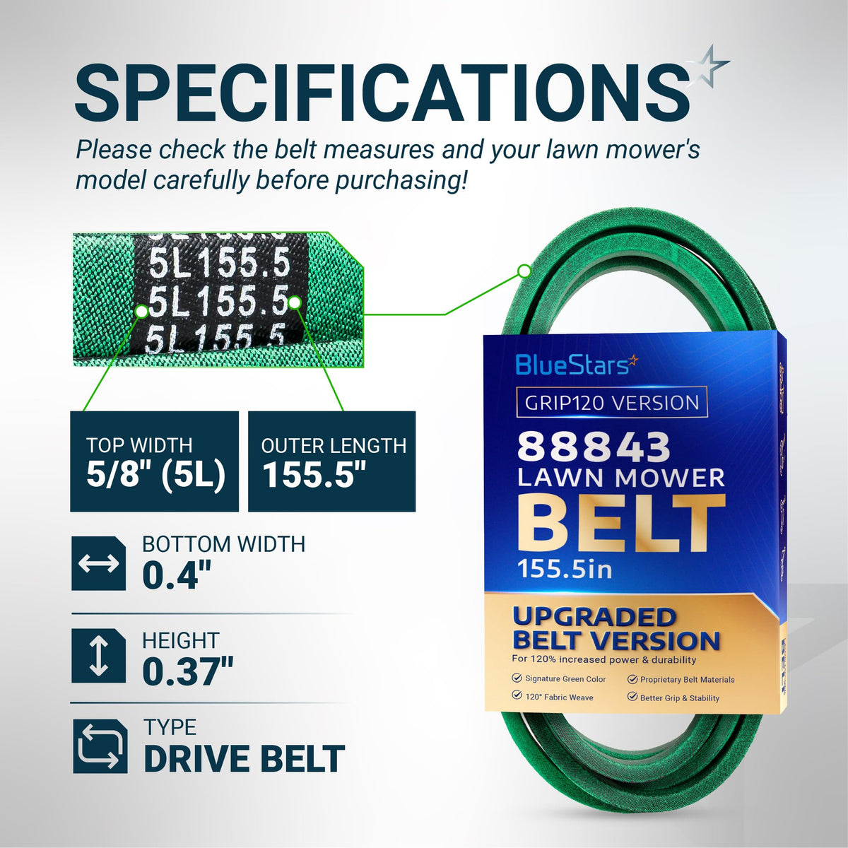 BlueStars 88843 lawn mower drive belt specifications chart showing 5/8 inch width and 155.5 inch outer length.