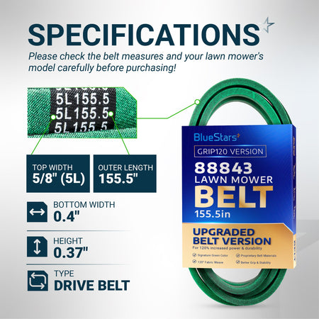 BlueStars 88843 lawn mower drive belt specifications chart showing 5/8 inch width and 155.5 inch outer length.