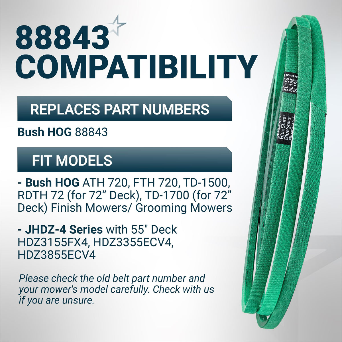 Green replacement mower belt for Bush Hog 88843 compatible with ATH, FTH, and TD series finish mowers.