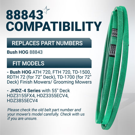 Green replacement mower belt for Bush Hog 88843 compatible with ATH, FTH, and TD series finish mowers.