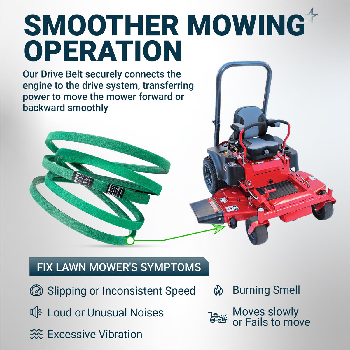 Green lawn mower drive belt showing compatibility with zero-turn mower for smoother operation and symptom repair.