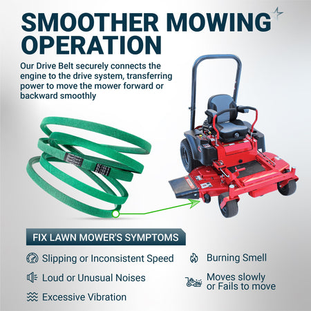 Green lawn mower drive belt showing compatibility with zero-turn mower for smoother operation and symptom repair.
