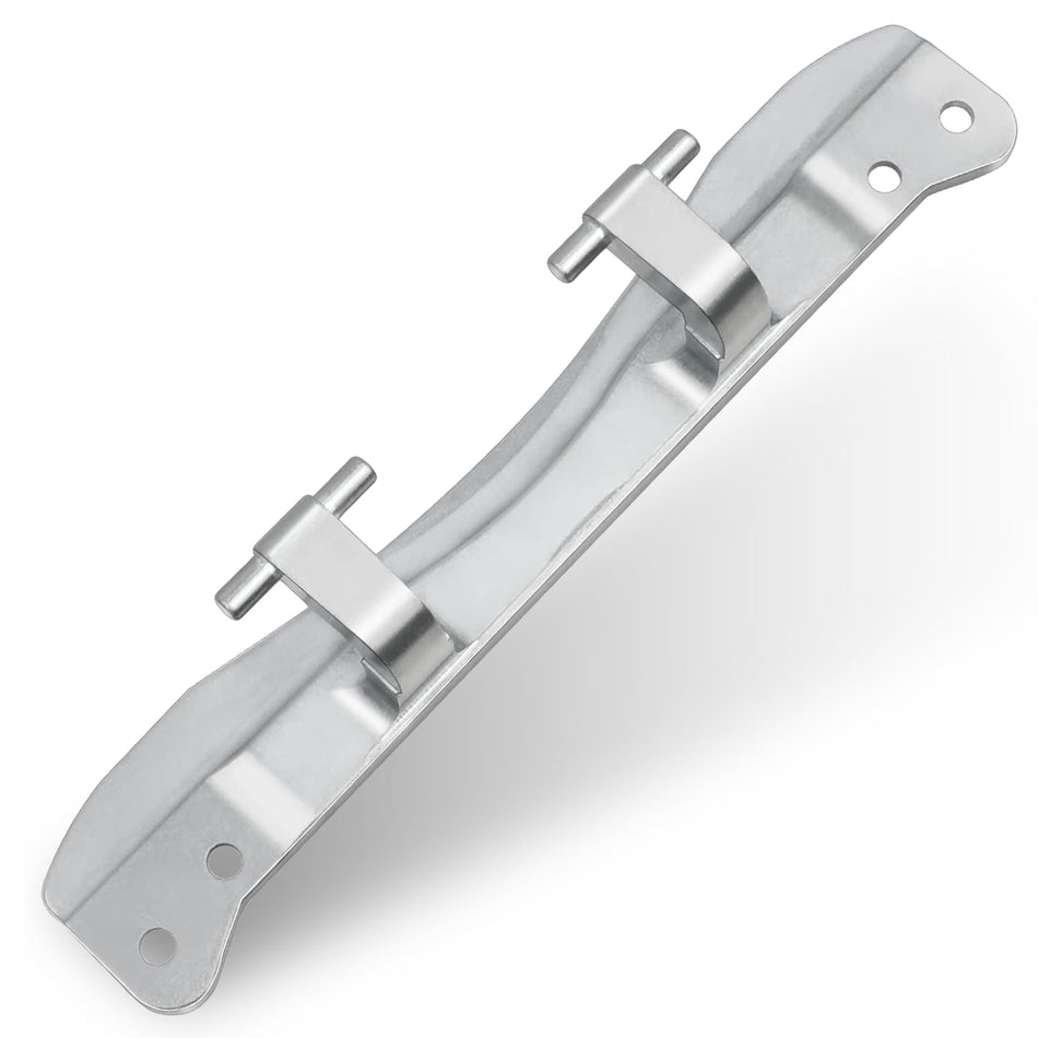 W10208415 metal dryer and washer door hinge replacement part for Whirlpool, Maytag, and Kenmore appliances.