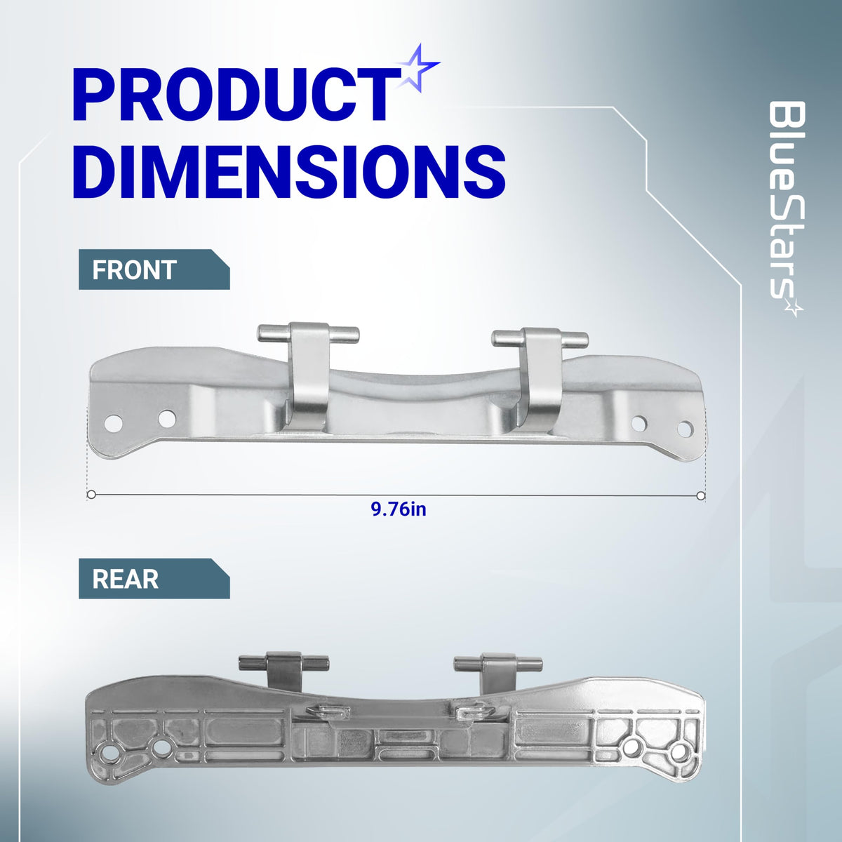 W10208415 dryer and washer door hinge showing front and rear dimensions of 9.76 inches.