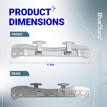 W10208415 dryer and washer door hinge showing front and rear dimensions of 9.76 inches.
