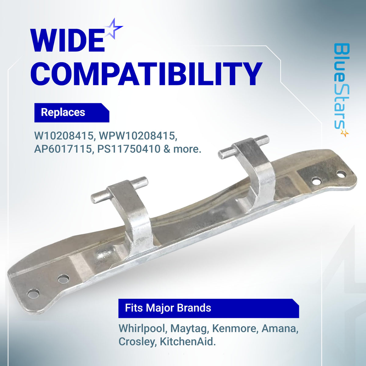 W10208415 dryer and washer door hinge replacement part for Whirlpool, Maytag, and Kenmore appliances.