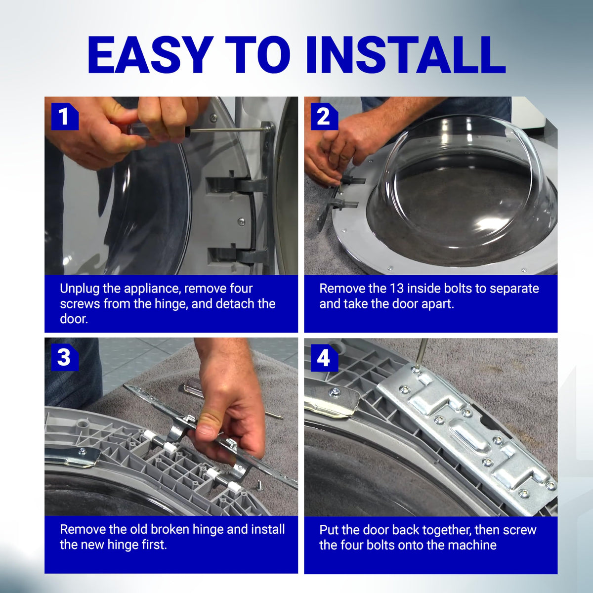 Four-step installation guide for W10208415 dryer and washer door hinge replacement.