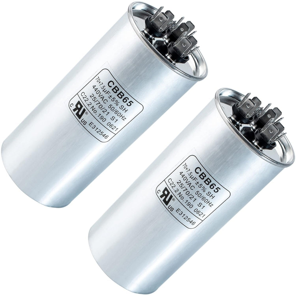 70+7.5 MFD uf 370 or 440 Volt VAC Round Dual Run Capacitor