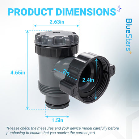 Dimensional diagram of 1.5-inch Intex pool pump plunger valve showing height, width, and connection measurements.