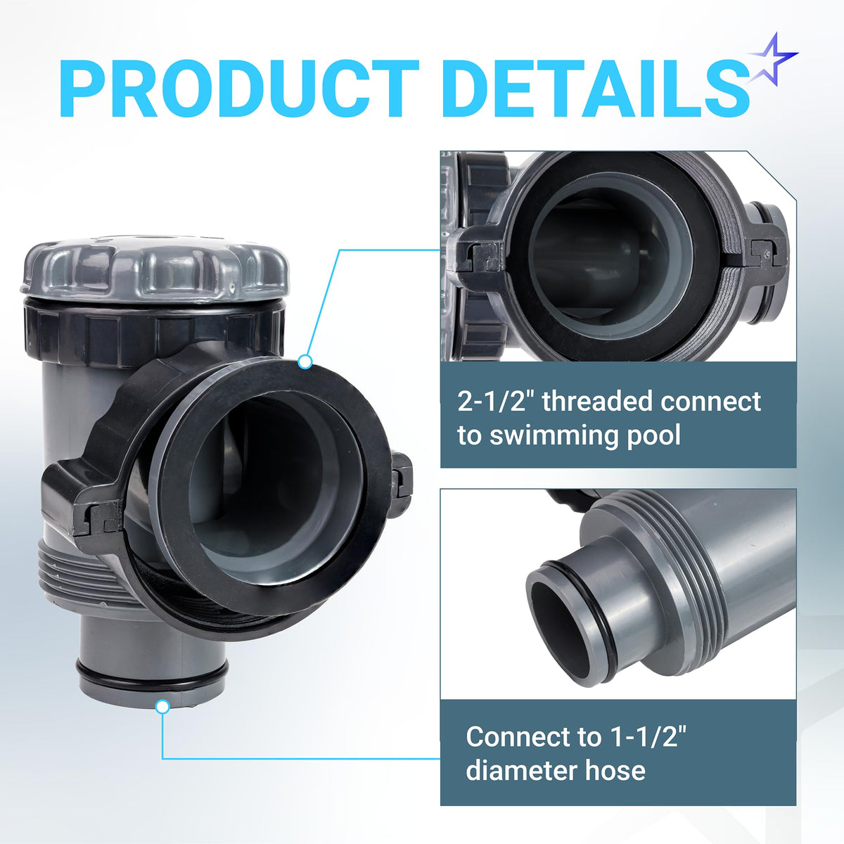 Intex pool plunger valve showing 2.5-inch threaded pool connection and 1.5-inch hose adapter details.