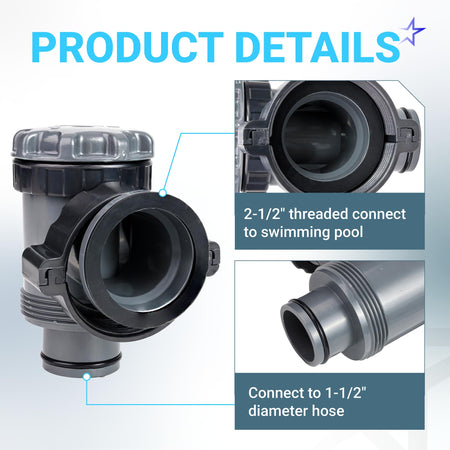 Intex pool plunger valve showing 2.5-inch threaded pool connection and 1.5-inch hose adapter details.