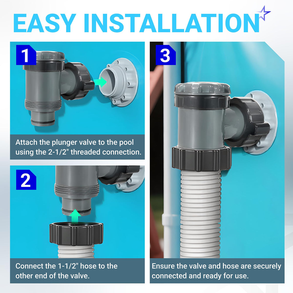 Three-step installation guide for Intex pool plunger valve showing threaded connection to pool wall and 1.5 inch hose.