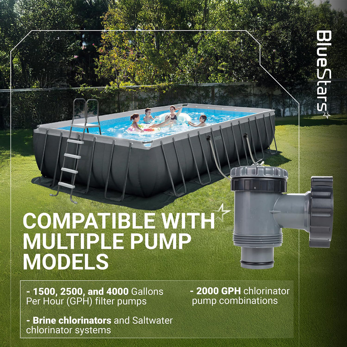 38mm plunger valve for Intex pool pump shown with compatibility information for above ground filter systems.