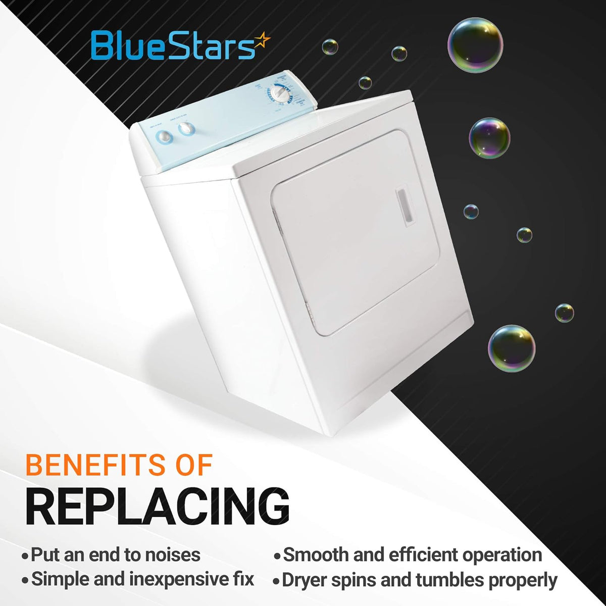 White dryer showing benefits of replacing drum rollers for LG and Kenmore models.