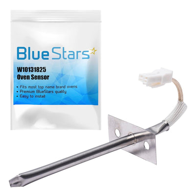 W10131825 oven temperature sensor with mounting bracket and connector in BlueStars branded packaging.