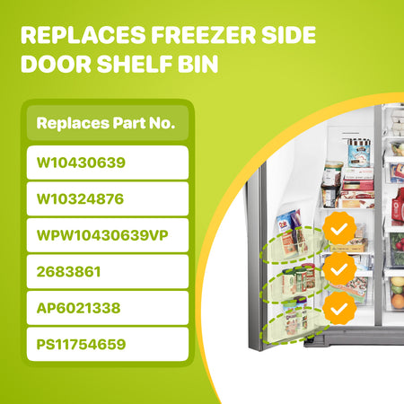 WPW10430639 Freezer Door Shelf Bin, graphic showing the bin installed in a freezer door with replacement part numbers