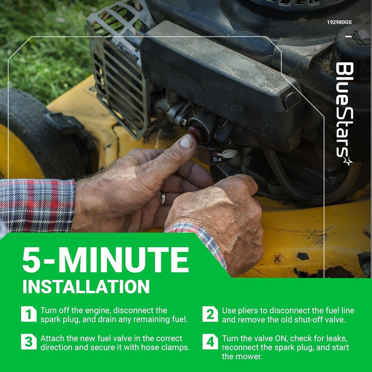 Hands installing a 192980GS 90-degree fuel shut-off valve on a lawn mower engine with 5-minute installation instructions.