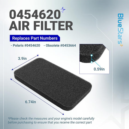 0454620 Air Filter dimensions diagram showing 3.9in, 6.74in, 0.59in, and replacement number 0453664