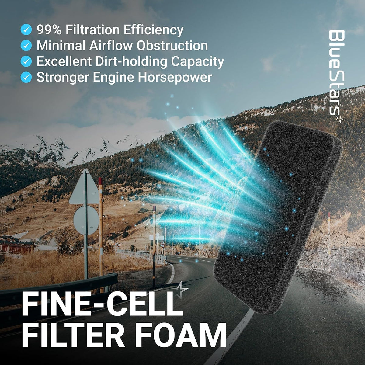 0454620 0453664 Air Filter promotional graphic showing foam filter and listed filtration and airflow benefits