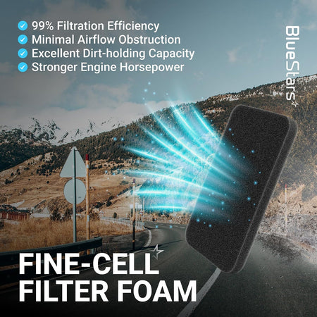0454620 0453664 Air Filter promotional graphic showing foam filter and listed filtration and airflow benefits