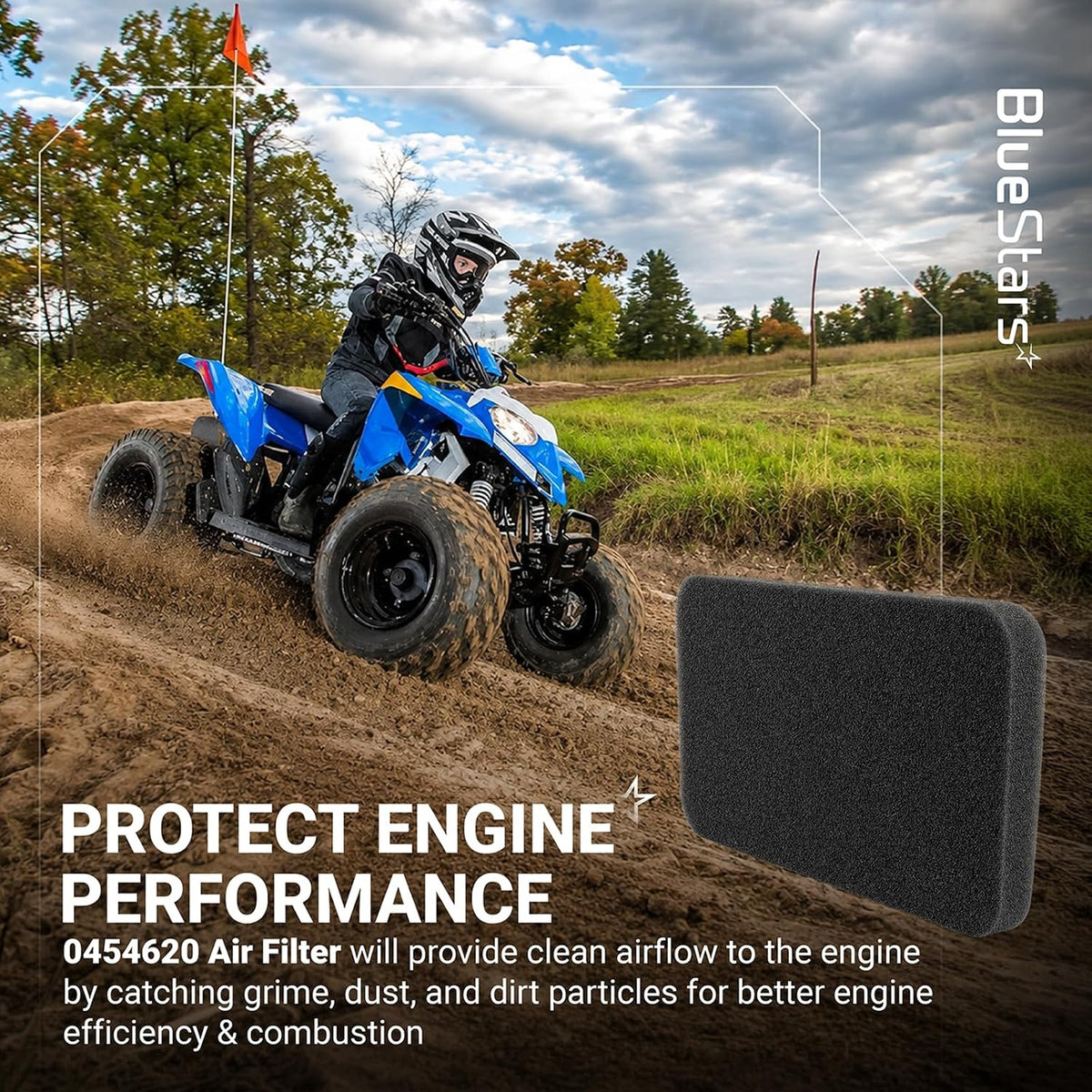 0454620 Air Filter promotional graphic showing a blue ATV rider and black filter