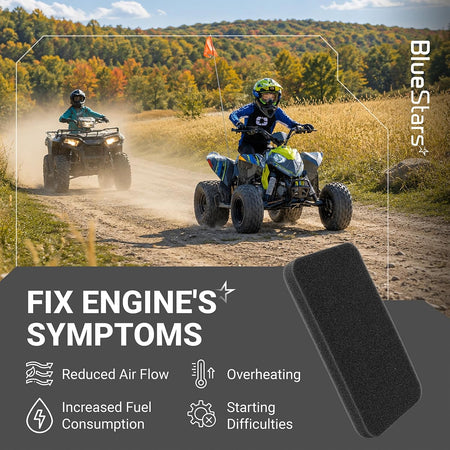0454620/0453664 Air Filters, 2-pack, shown with ATV riders, filter, and graphics listing engine symptoms