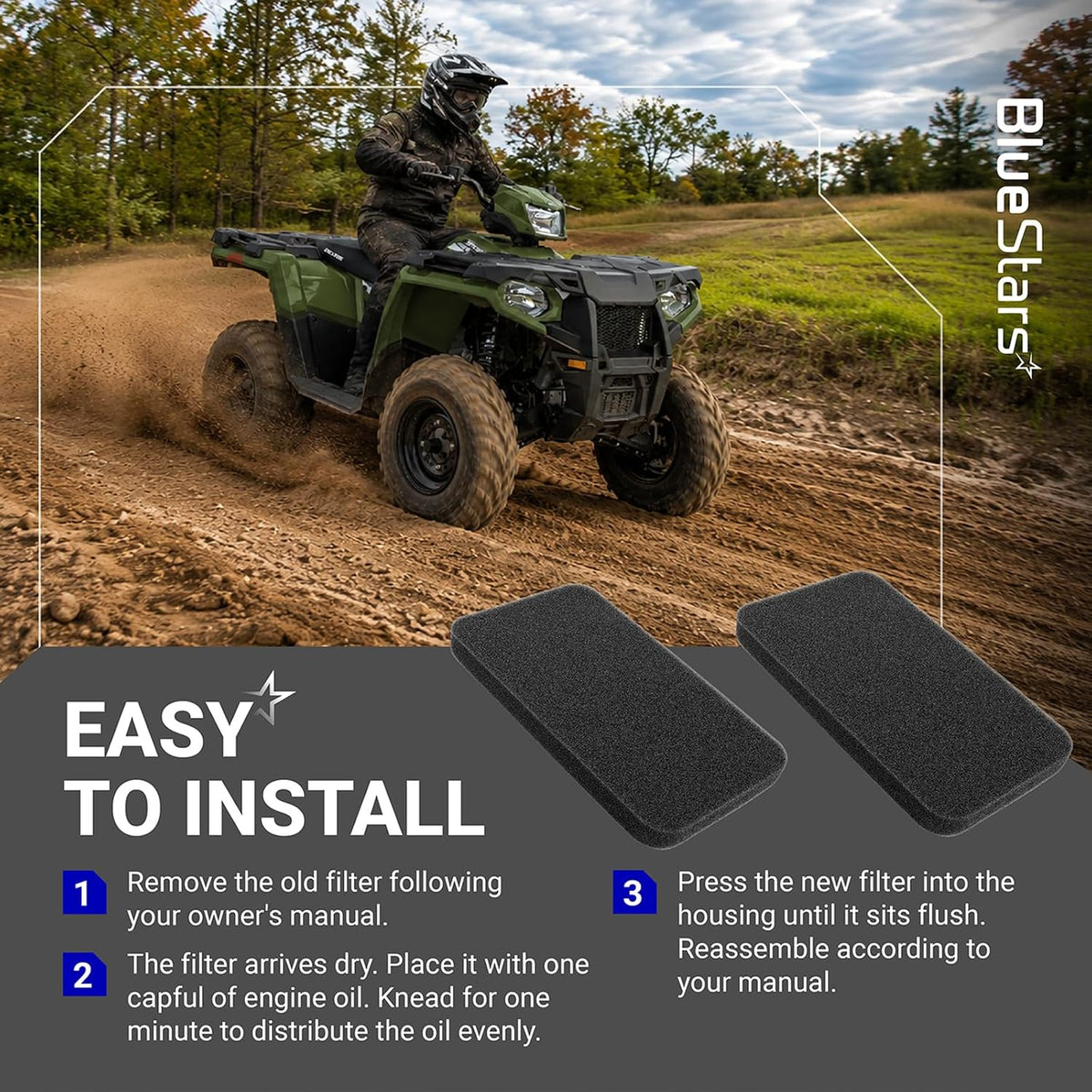0454620 0453664 Air Filters, installation graphic with Polaris ATV and steps for preparing and fitting filters