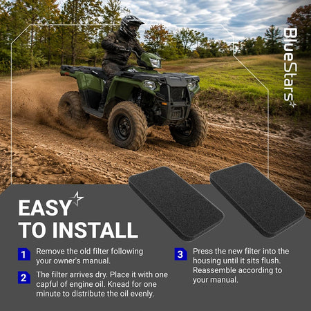 0454620 0453664 Air Filters, installation graphic with Polaris ATV and steps for preparing and fitting filters