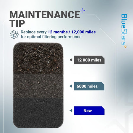 0454620 0453664 Air Filter 2-Pack, maintenance graphic comparing new, 6,000-mile and 12,000-mile filter condition