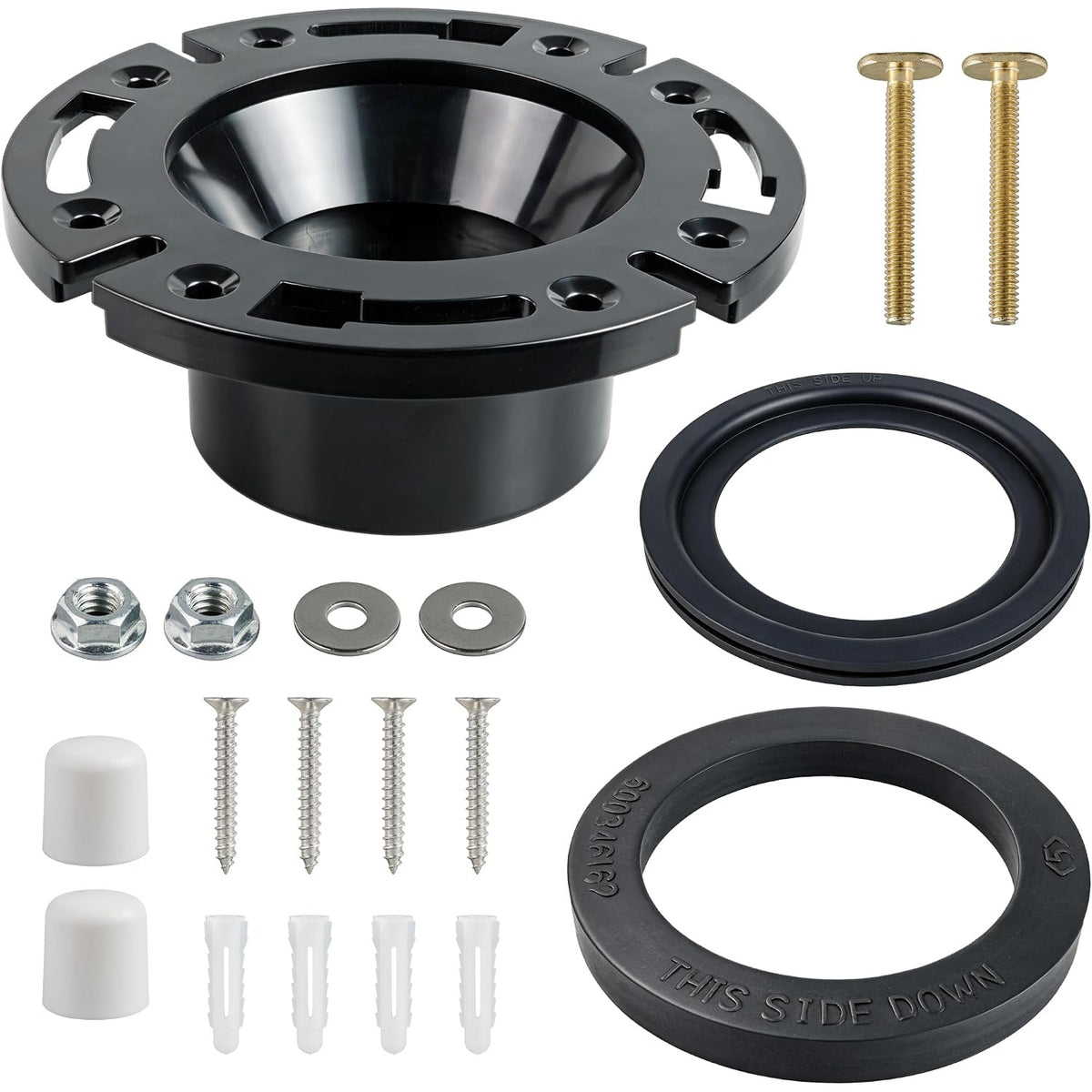 RV Toilet Seal 3-Inch Socket Floor Flange Kit, showing flange, seals, bolts, screws, nuts, washers and wall anchors