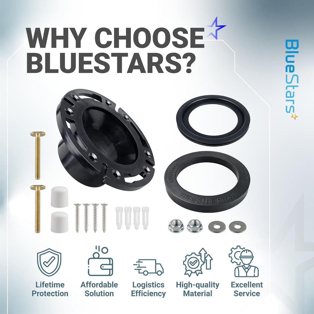 RV Toilet Seal 3" Socket Floor Flange Kit showing flange, two seals, hardware, and BlueStars quality icons