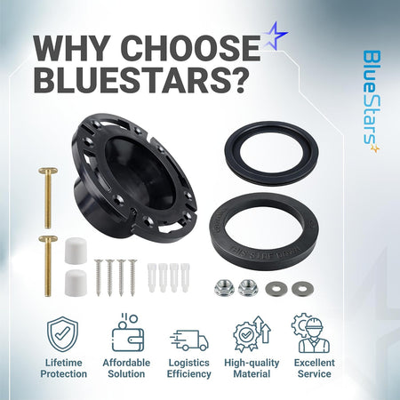 RV Toilet Seal 3" Socket Floor Flange Kit showing flange, two seals, hardware, and BlueStars quality icons