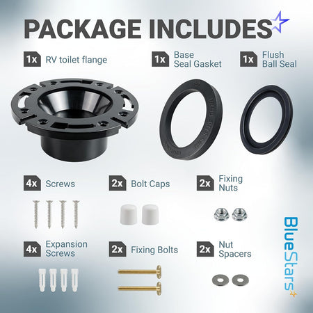 RV Toilet Seal 3-inch Socket Floor Flange Kit shows flange, seals, screws, bolts, caps, nuts, spacers and gaskets