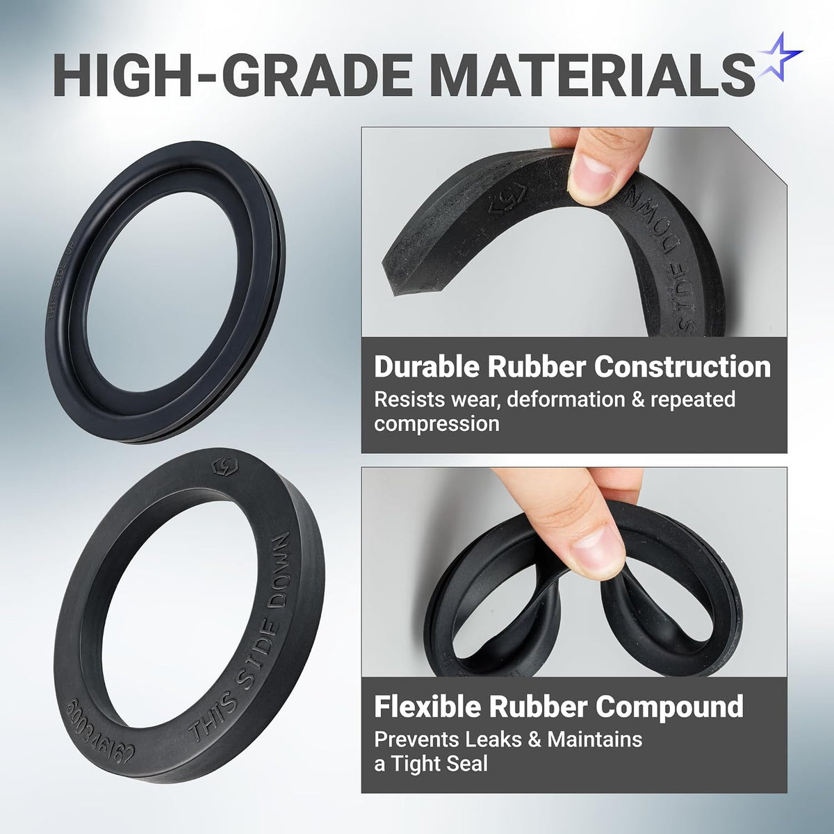 RV Toilet Seal 3-Inch Flange Kit, showing rubber seal rings and close-ups of durable, flexible construction