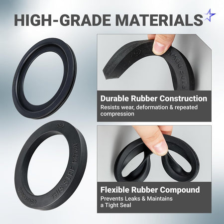 RV Toilet Seal 3-Inch Flange Kit, showing rubber seal rings and close-ups of durable, flexible construction