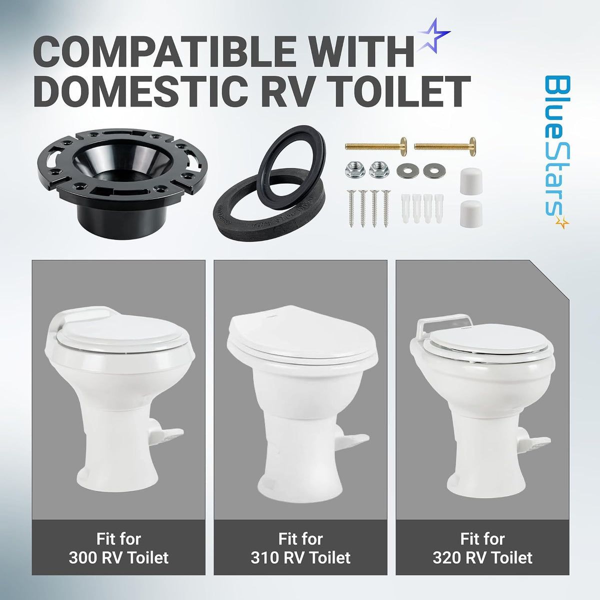RV Toilet Seal 3-Inch Socket Floor Flange Kit shows seal, flange, hardware, and Dometic 300, 310, 320 fit graphics