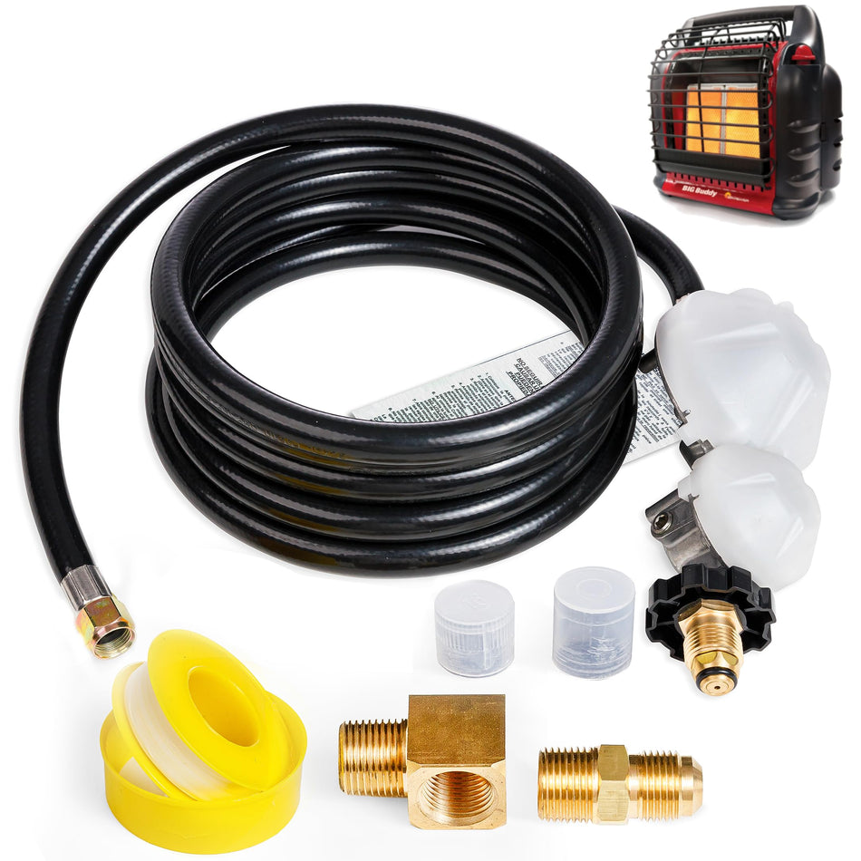 12 ft propane hose kit with POL interface, brass fittings, and thread seal tape for Mr. Heater Big Buddy heaters.