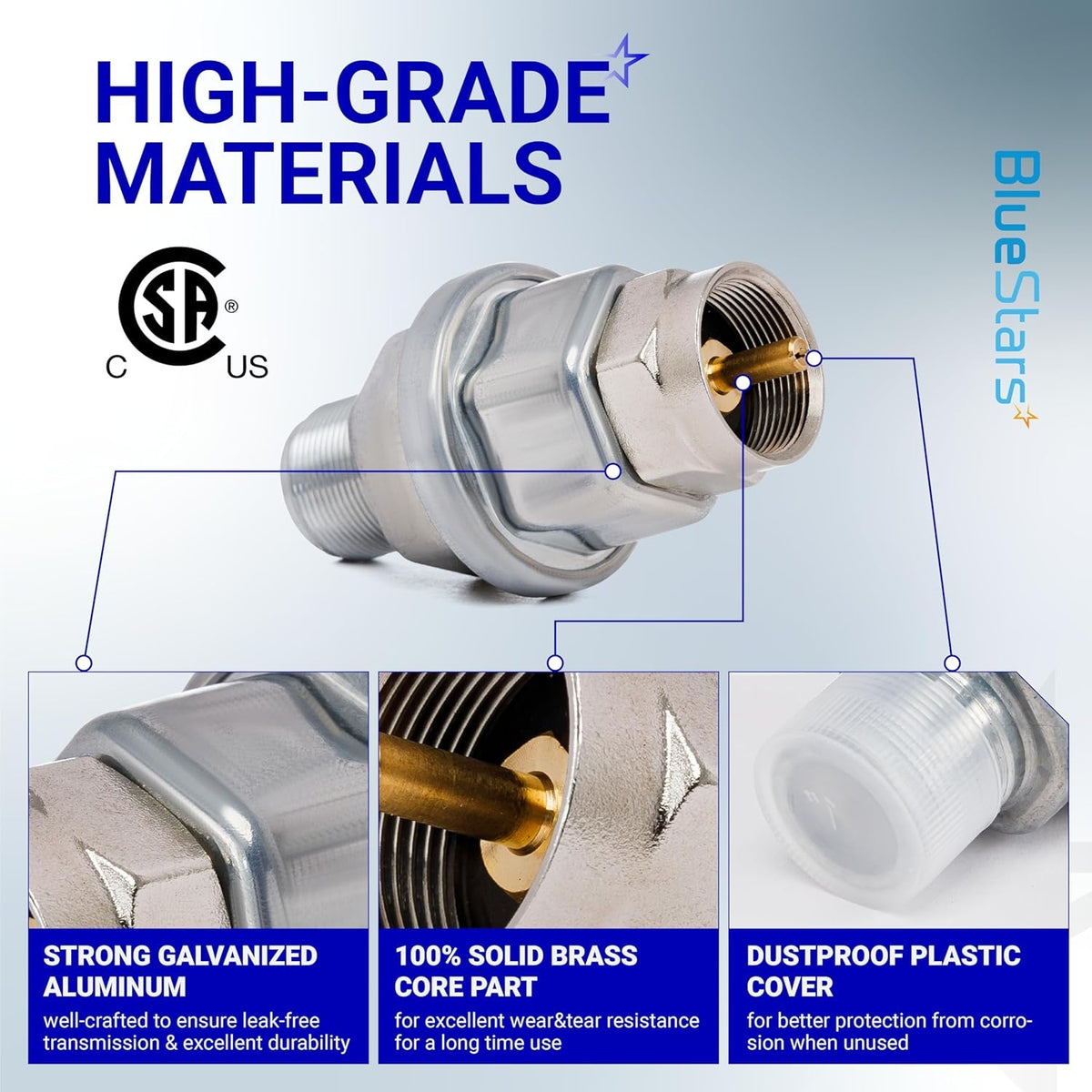 F273699 propane fuel filter showing galvanized aluminum body, brass core, and protective plastic cover details.