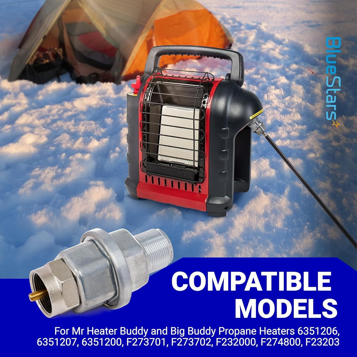 F273699 propane fuel filter shown with a compatible portable propane heater in a snowy outdoor setting.