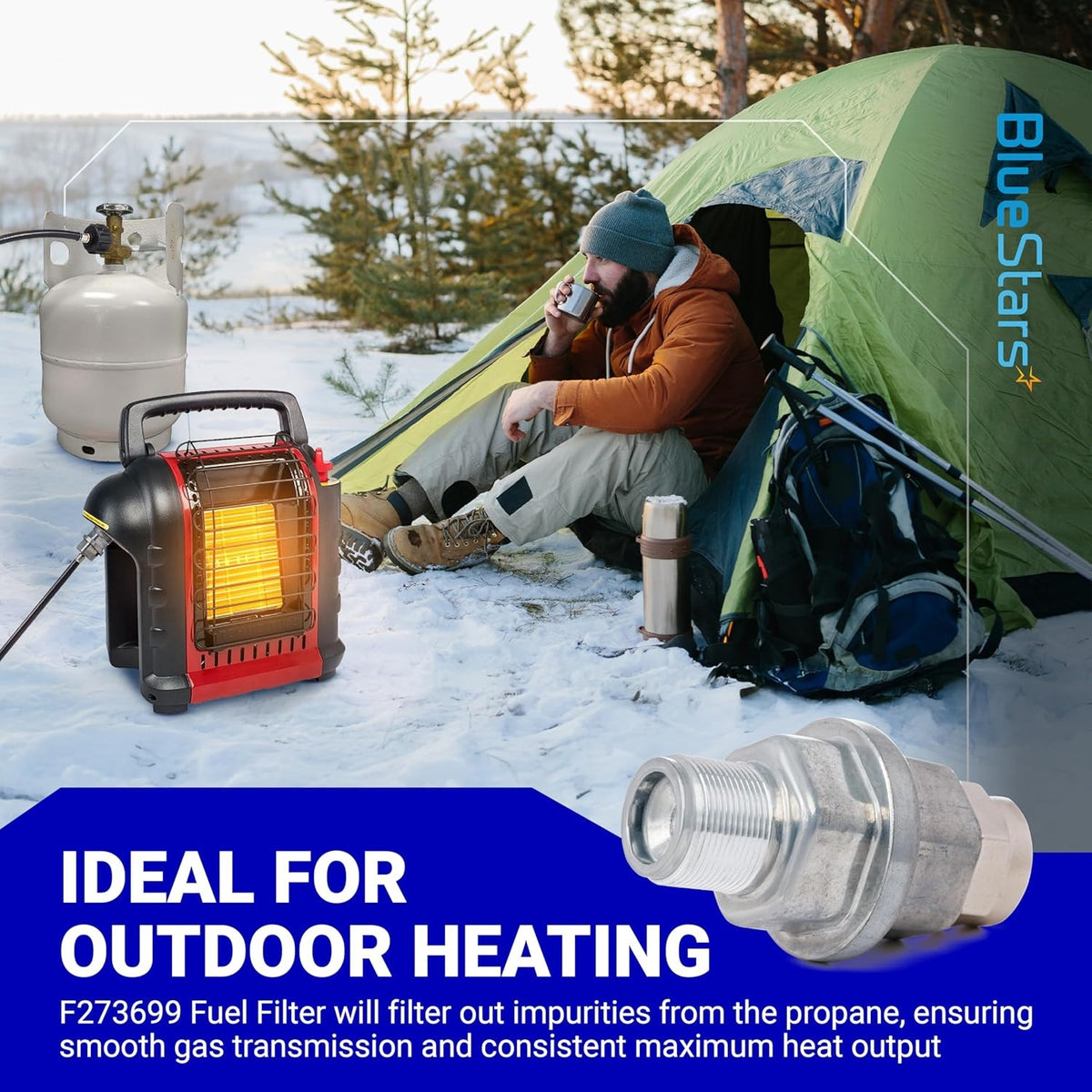 F273699 propane fuel filter close-up, shown in a lifestyle graphic for outdoor camping heaters.