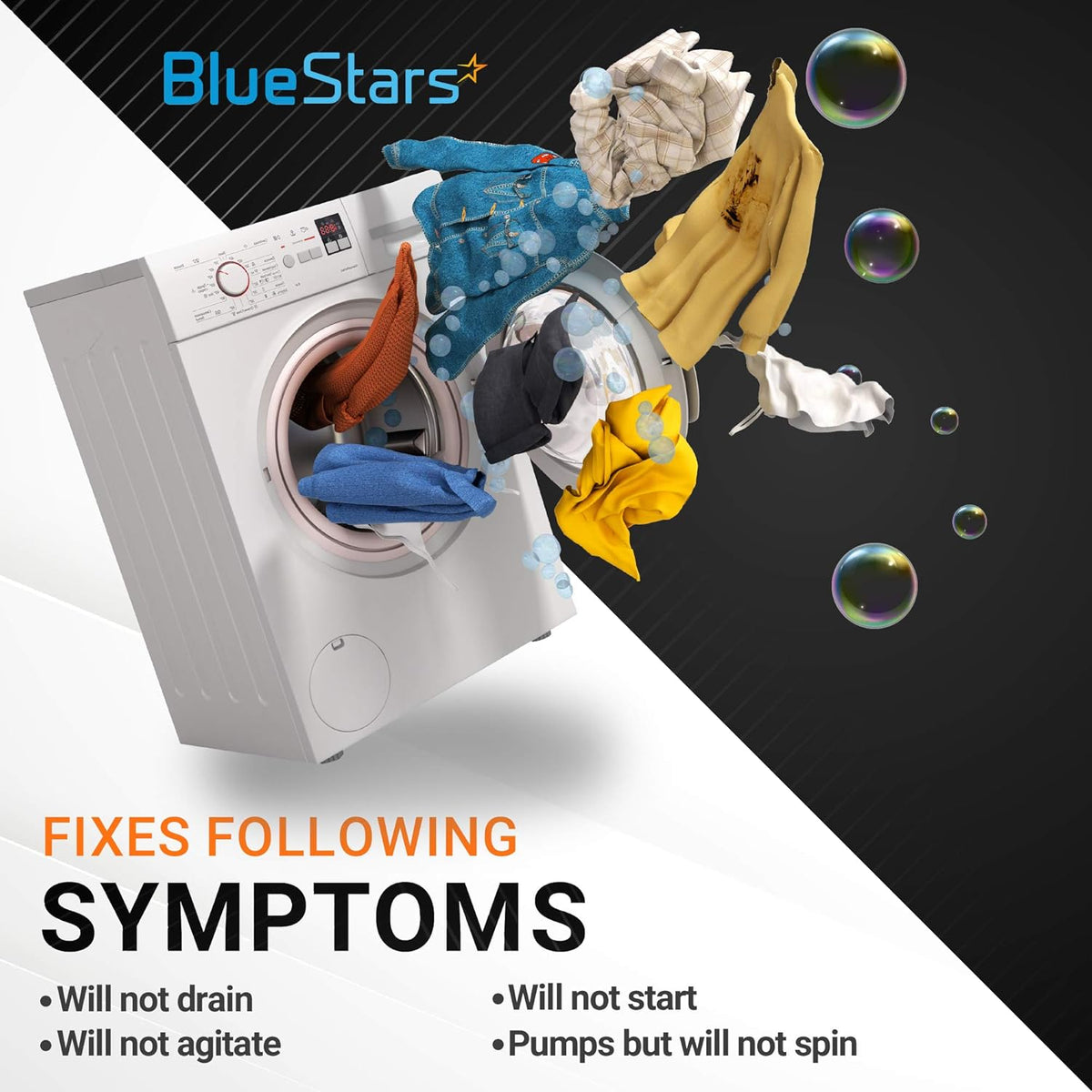 BlueStars washer lid switch infographic showing common washing machine repair symptoms like not draining or spinning.