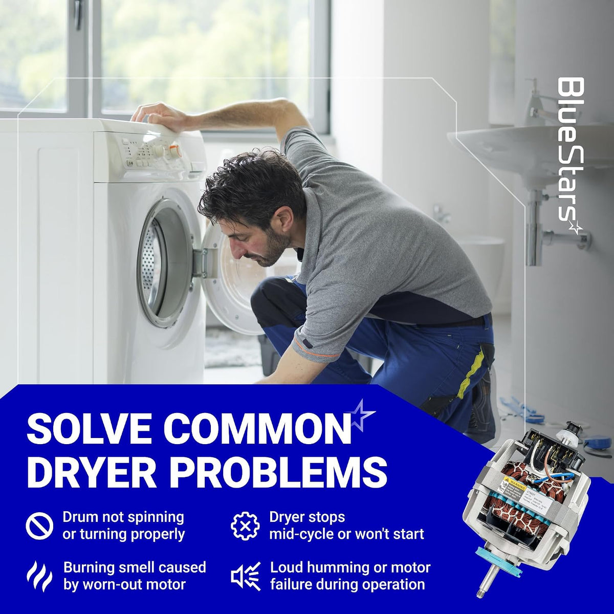 279827 Dryer Drive Motor with Pulley, technician servicing a dryer with motor inset and common problem text
