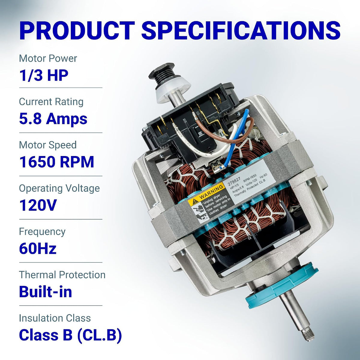279827 Dryer Drive Motor with Pulley, product specifications graphic showing the motor and listed electrical ratings