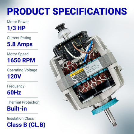 279827 Dryer Drive Motor with Pulley, product specifications graphic showing the motor and listed electrical ratings