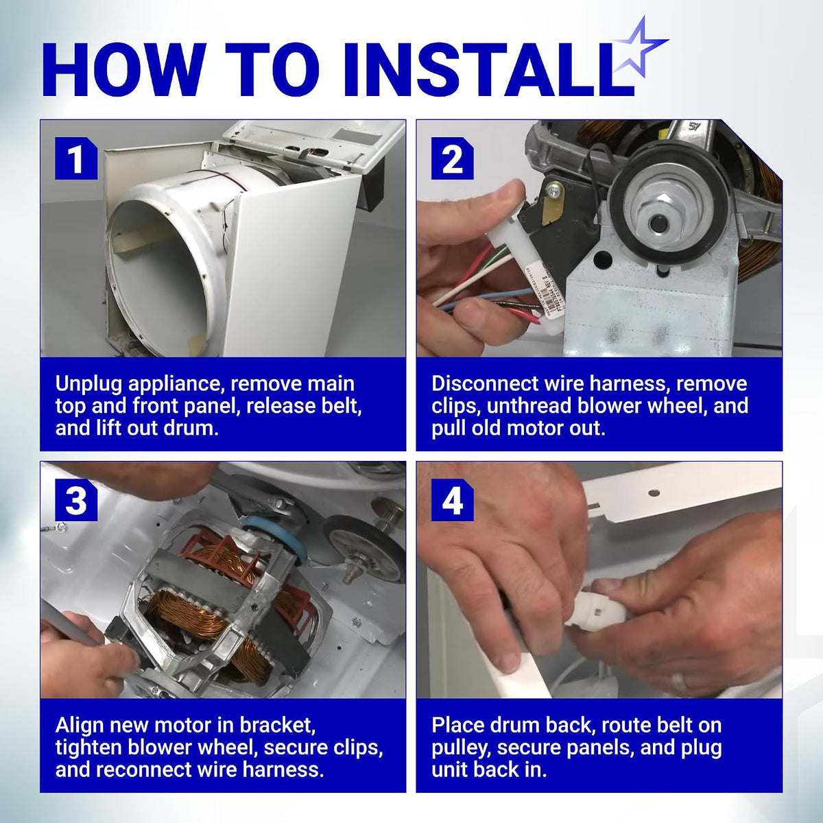279827 Dryer Drive Motor with Pulley four-step installation instructions diagram