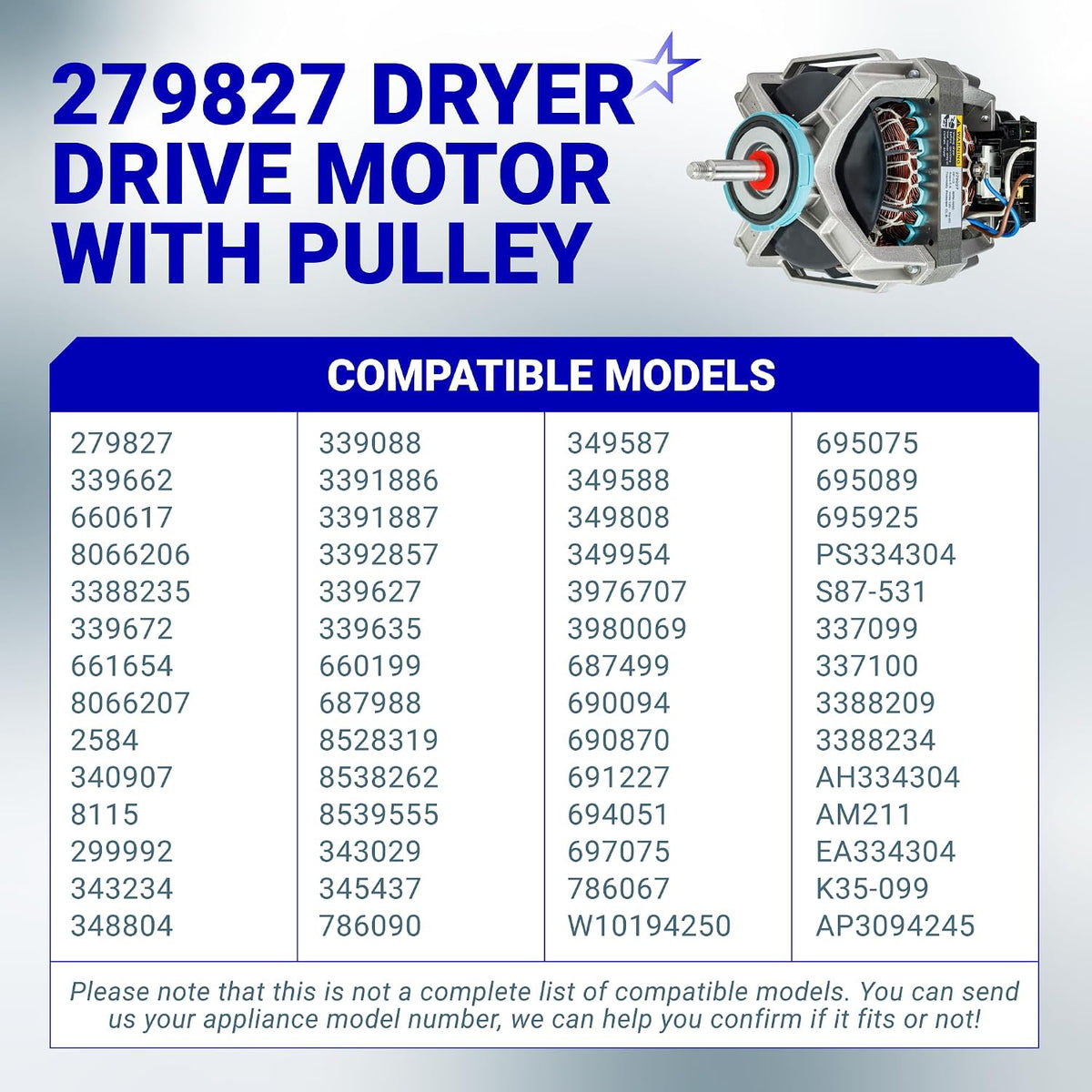 279827 Dryer Drive Motor with Pulley, compatibility chart listing compatible model numbers