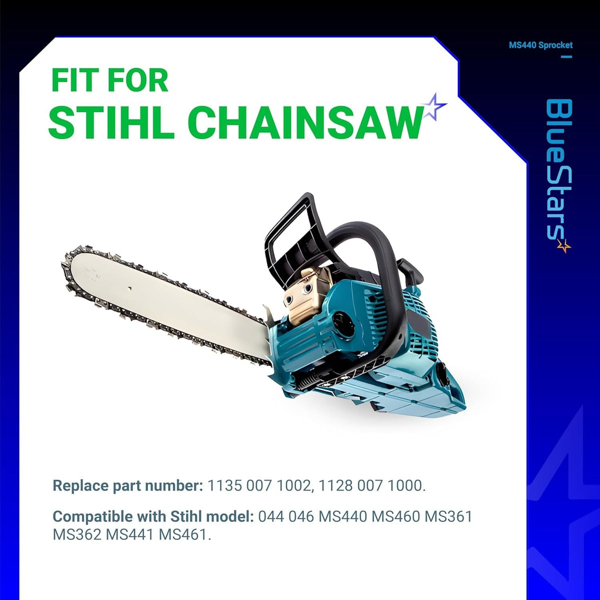 BlueStars sprocket kit compatibility graphic for Stihl MS361 MS440 MS460 MS461 chainsaws.