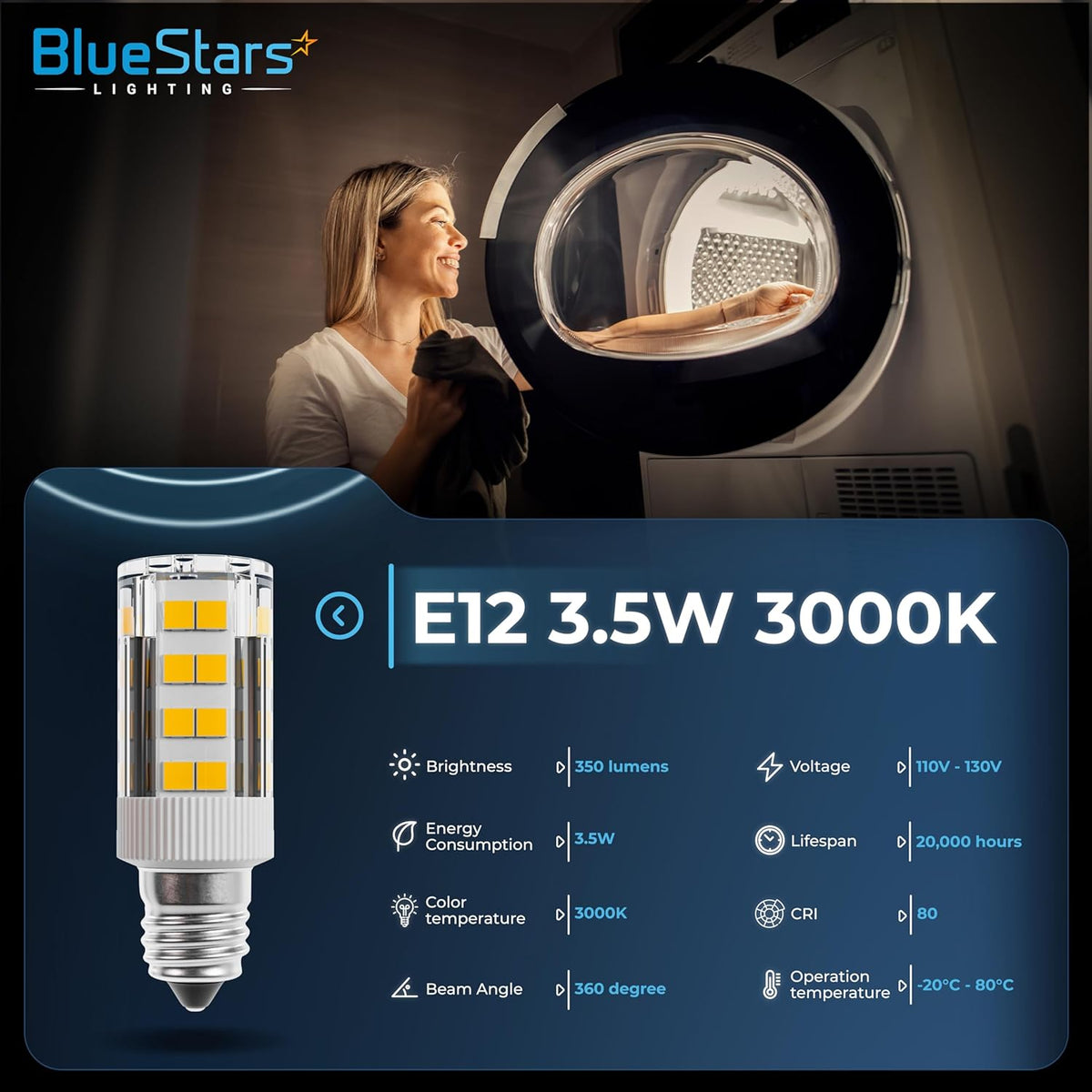 WE05X20431 LED dryer drum light bulb with E12 base and technical specification infographic.